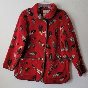 Indigenous Tsunami Collection Feather Fleece Button Up Jacket Shacket Red Bird